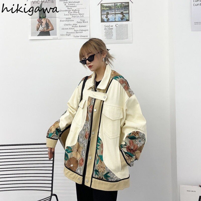 Hikigawa 자수 중국 스타일 자켓 여성 스트리트웨어 패치 워크 하라주쿠 힙합 루스 코트, 기질 패션 아웃웨어